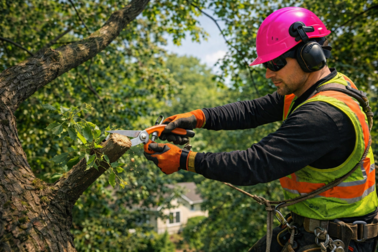 Arborist trimming tree in daylight