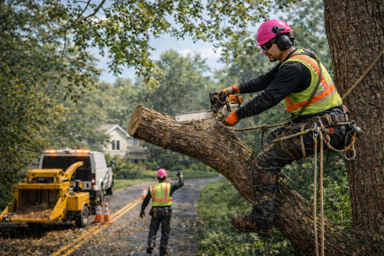 Arborists working on tree branch removal