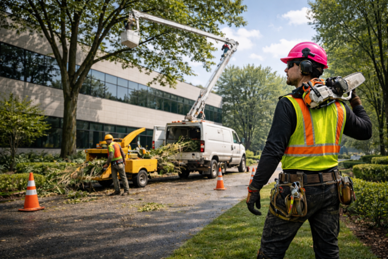 Tree trimming operation near office building